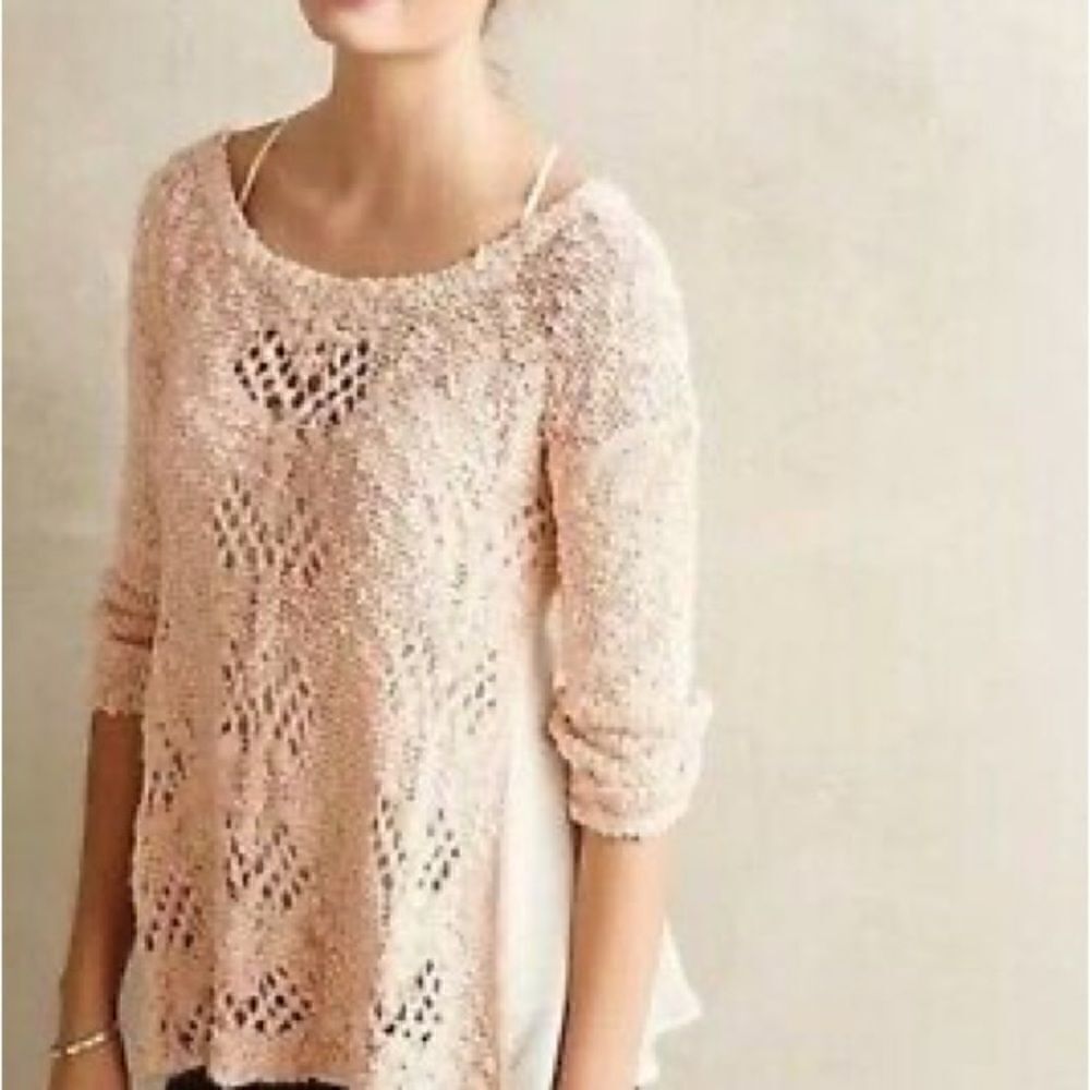 Anthropologie | Knitted & Knotted Pink Pullover Crochet Sweater | S